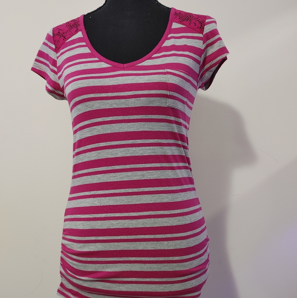 Pink And Gray Striped Medium Top With Laced Back